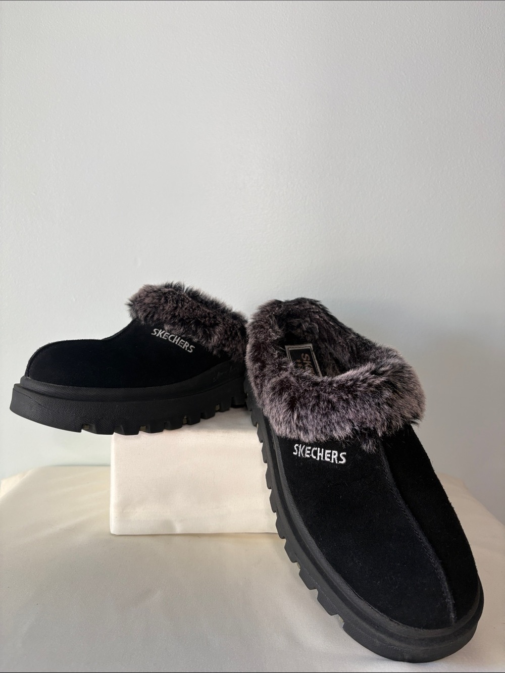 Skechers Black Faux-Fur Clog Slippers
